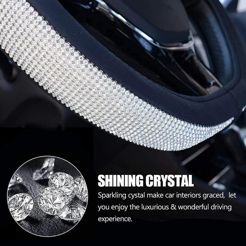 Diamond Leather Bling D Shape Steering Wheel Cover with Shining Crystal Rhinestones,Flat Bottom Shaped Steering Wheel Cover Universal Fit for 15 Inch Steering Protector for Women Girls(D-Black)