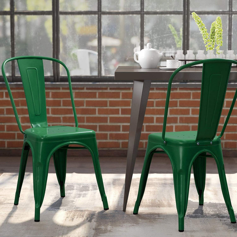 Devoko Metal Indoor-Outdoor Chairs Distressed Style Kitchen Dining Chairs Stackable Side Chairs with Back Set of 4 (Green)