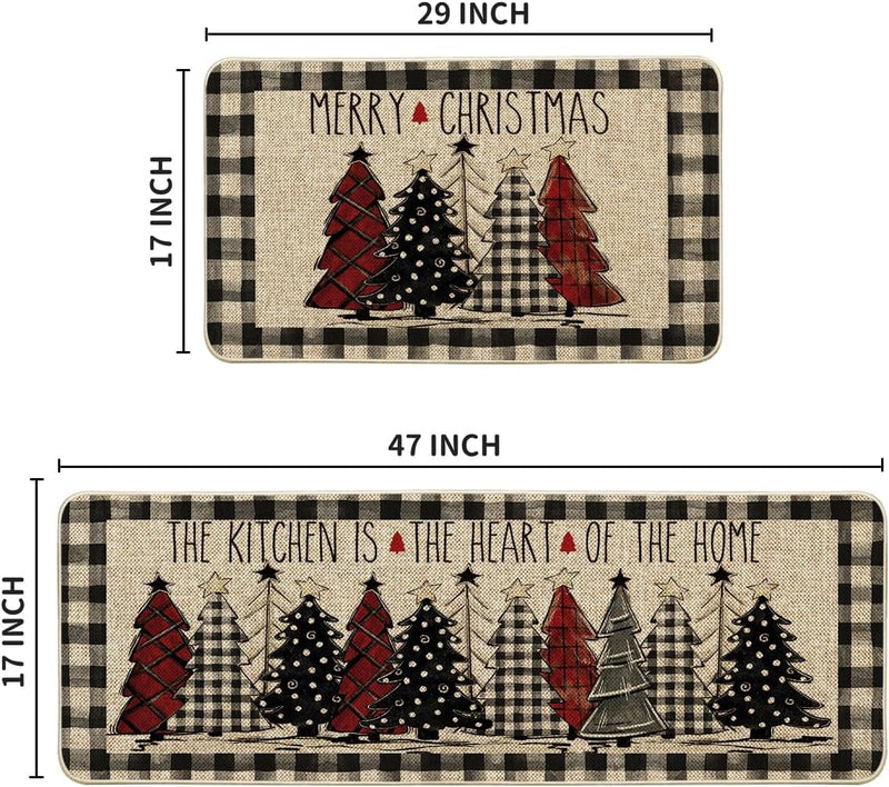 Artoid Mode Buffalo Plaid Xmas Tree Merry Christmas Kitchen Mats Set of 2, Winter Home Decor Low-Profile Kitchen Rugs for Floor - 17X29 and 17X47 Inch