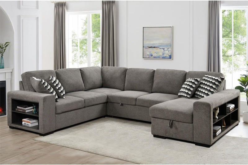 125' Oversized Sectional Sleeper Sofa Bed with Storage Chaise and Pull-Out Bed, 6-Seater Fabric U-Shaped Sectional Couches with Bulit-In Storage Arm for Living Room - Light Grey