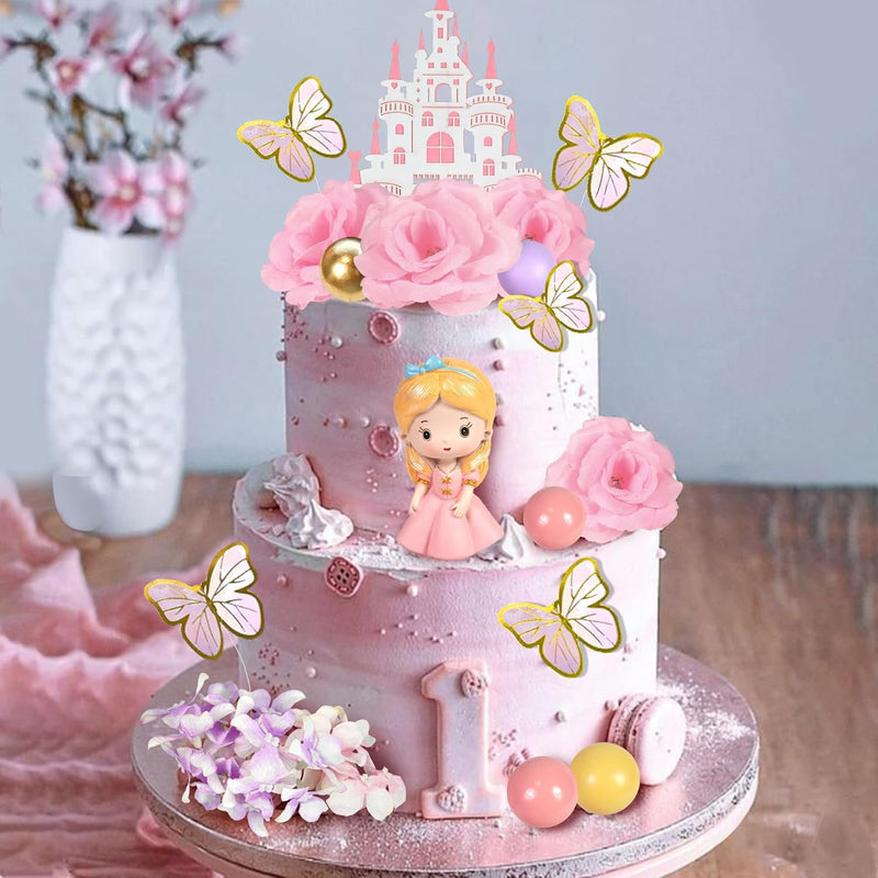 39 PCS Princess Cake Topper Castle Cake Decoration with Butterflies Artificial Flowers and Balls for Girls Kids Happy Birthday Party Decorations Princess Baby Shower Supplies (Pink and Purple)