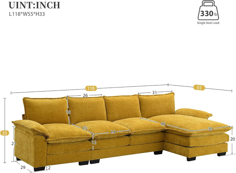 118" Convertible Sectional Sofa Couch, 4-5 Seat Modern L-Shaped Sofa with Chaise, Chenille Fabric Deep Soft Seat Cloud Modular Couch for Apartments, Living Room and Office (Yellow)