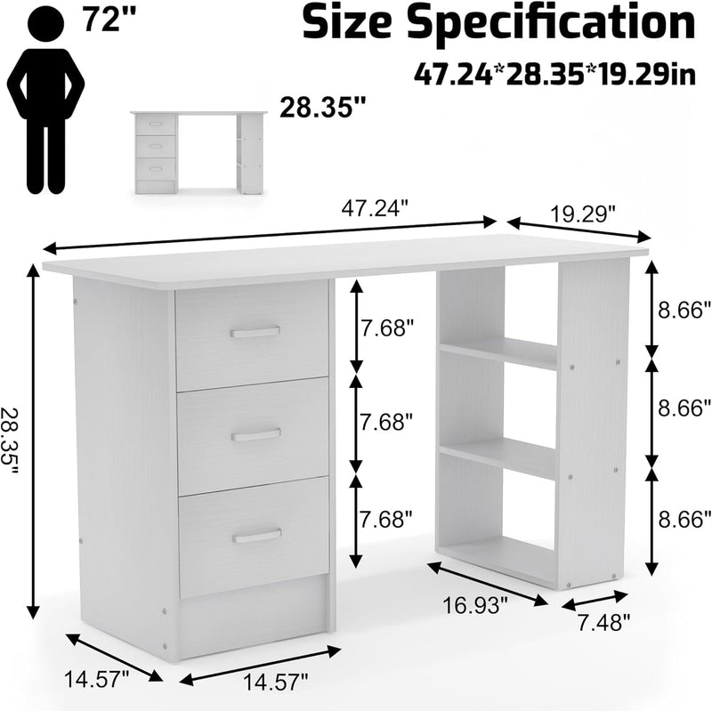 Computer Desk with Drawers,Standing Desk with Storage Racks,Writing Desk for Home Office or Bedroom (WHITE)