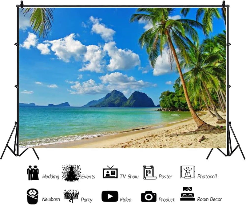 AOFOTO 10X8Ft Beach Backdrop Summer Party Tropical Sand Beach Scene Photo Backdrop Hawaii Luau Blue Sky Ocean Palm Tree Seaside Vacation Photography Background Portrait Photoshoot Video Studio Props