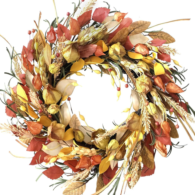 24 Inch Fall Wreath Berries Front Door Wreath Artificial Grain Wreath Harvest Wheat Ears Garland Autumn Wreath for Home Wall Fall Festival Decor (23In Fall Wheat Ears Wreath)