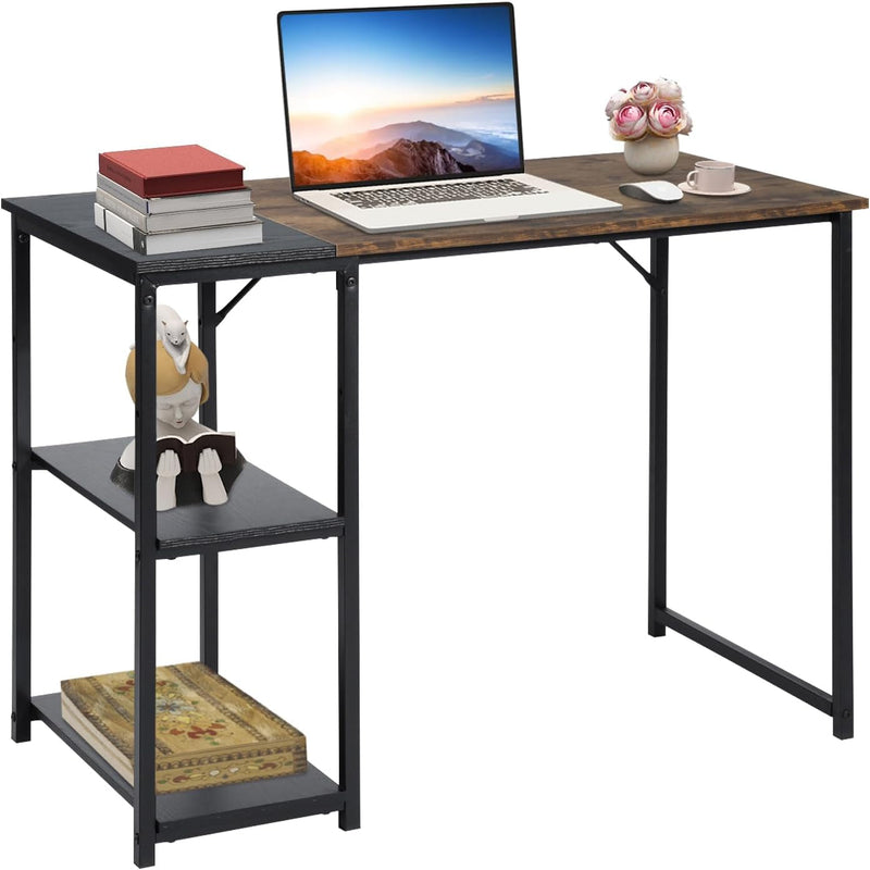 Furniturer 39.4 Inch Study Writing Table with Storage Shelves Space Saving for Home Office, Modern Simple Style PC Metal Frame Computer Desk, Black&Brown