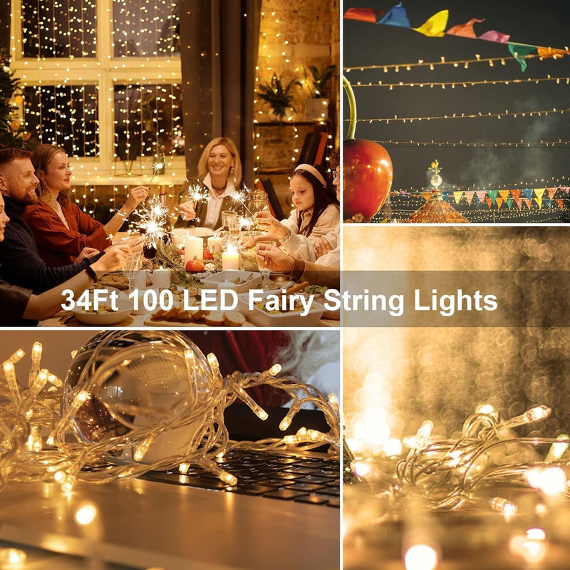 Echosari String Lights Battery Powered, 33Ft 100 LED Warm White Outdoor Fairy String Lights with Remote Dimmable Timer 8 Modes for Wedding Party Garden Decoration