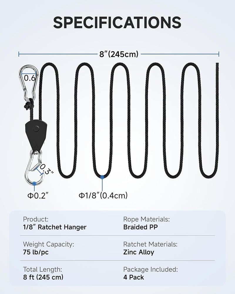 Fondwell 1/8" Rope Tie Downs Ratchet: Grow Light Hangers Adjustable - Mini Ratchet Straps for Various Hanging and Strapping