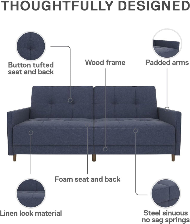 DHP Andora Coil Futon Sofa Bed Couch with Mid Century Modern Design - Navy Blue Linen