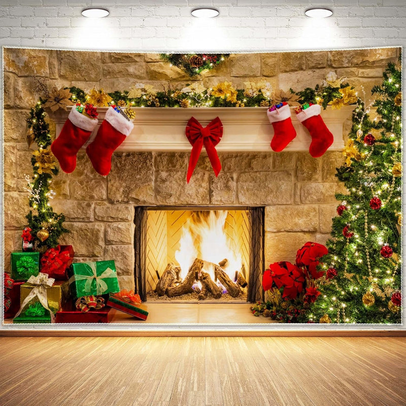 7X5Ft Christmas Fireplace Theme Backdrop for Photography Tree Sock Decorations for Xmas Party Supplies Photo Background Pictures Banner Studio Decor Booth Props