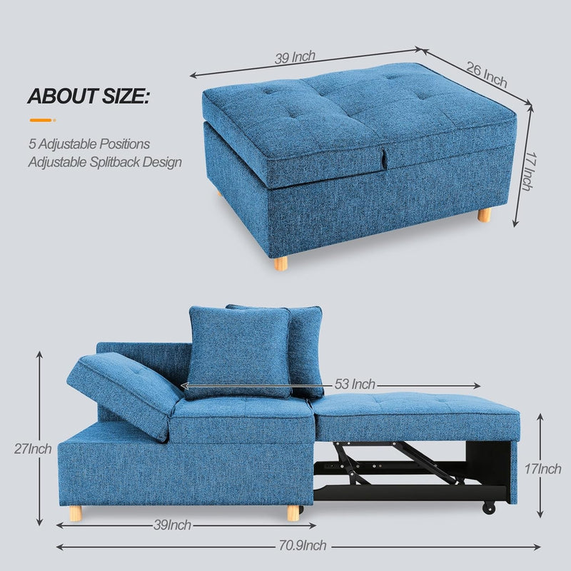 Futon Couch, 4 in 1 Sleeper Sofa Couch Bed, Modern Dark Blue Linen Fabric 3 Seat Couch Furniture Recliner Folding Daybed Guest Bed, Removable Armrests,5 Angles, 350Lb Capacity, Dark Blue