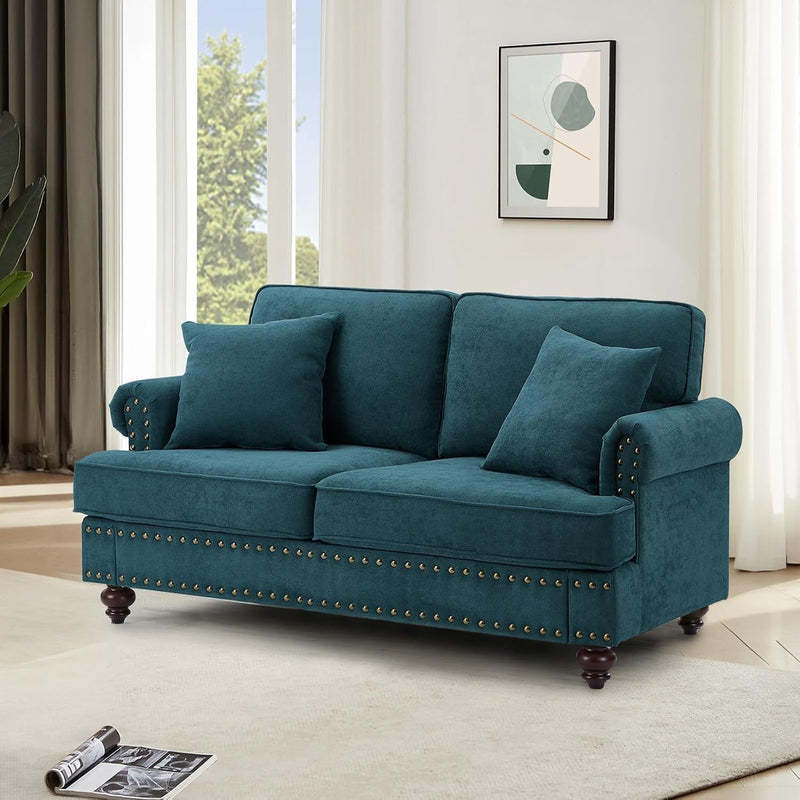 Antetek Chenille Sofa Couch, 78-Inch Mid-Century Modern Upholstered 3-Seater Sofas with Solid Bun Feet/Thick Cushion/Pillow for Living Room, Apartment, Office, Lake Green