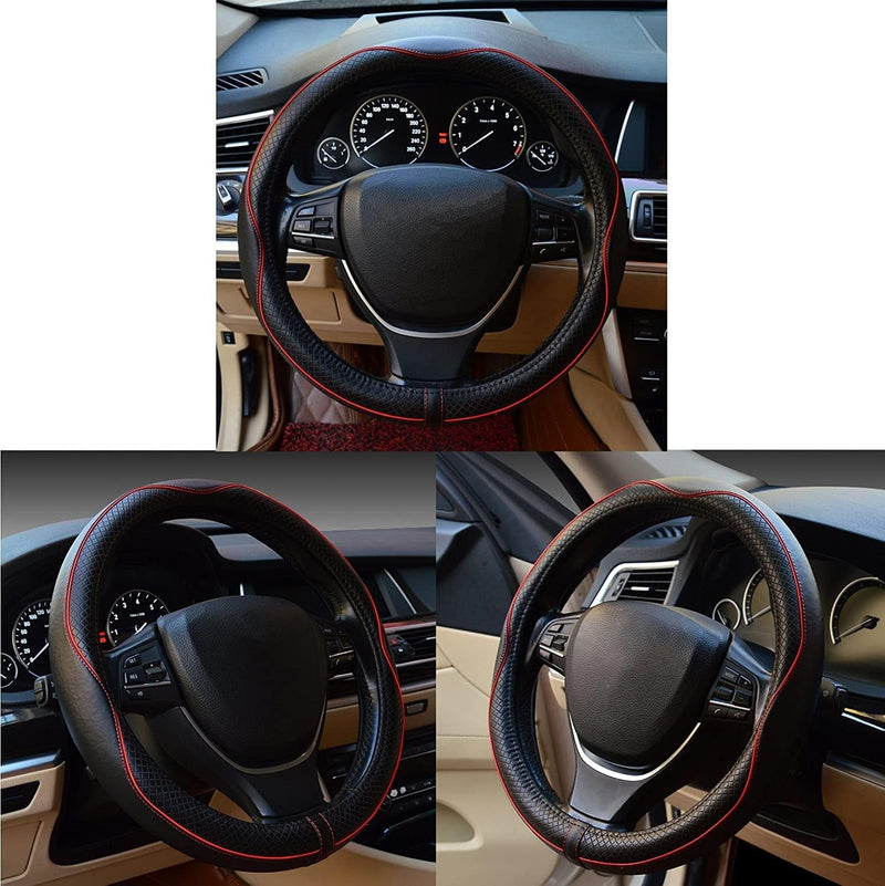 Car Steering Wheel Cover, Anti-Slip, Safety, Soft, Breathable, Heavy Duty, Thick, Full Surround, Sports Style (Black with Red Line)