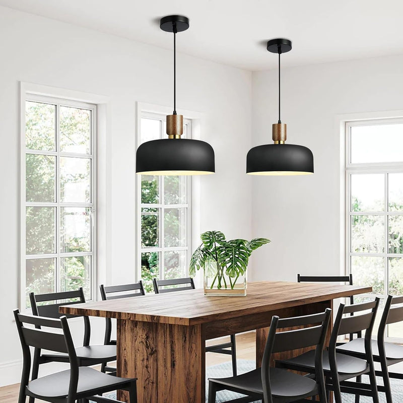 11.6" Modern Black Hanging Light,Large Pendant Light for Kitchen Island,Solid Wood with Hammered Shade,Adjustable Retro Dome Industrial Ceiling Lighting Fixture for Dining Room Hallway Entrance