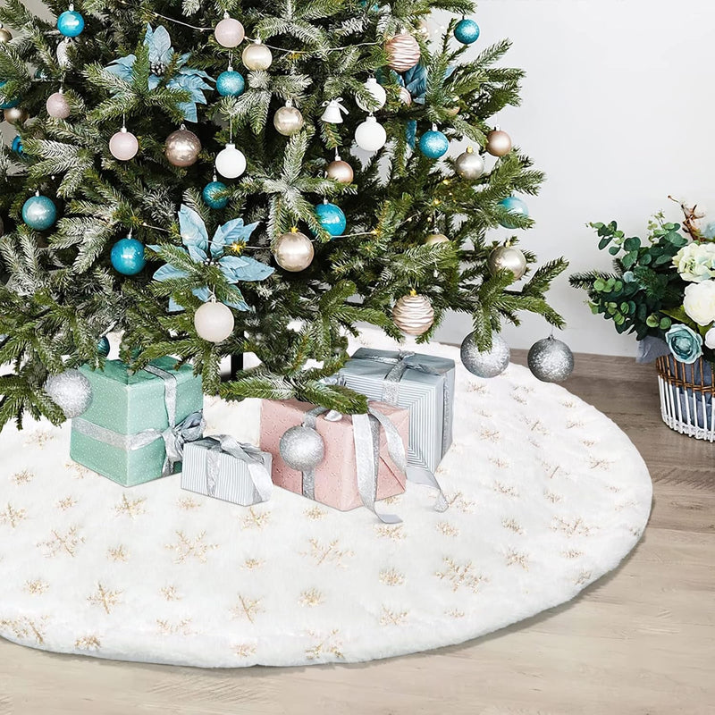 Dremisland Christmas Tree Skirt 36" Large White&Gold Luxury Faux Fur Tree Skirt with Snowflakes Super Soft Thick Plush Tree Skirt for Xmas Tree Decoration (Golden, 36Inch/90Cm)