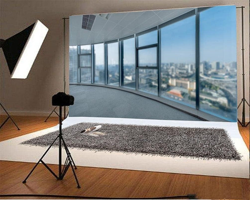 AOFOTO 7X5Ft Business Office Window Photography Background Blurry Glass Window Hazy City Buildings View Backdrop Coworking Adult Man Woman Artistic Portrait Photo Studio Props Video Drape Wallpaper