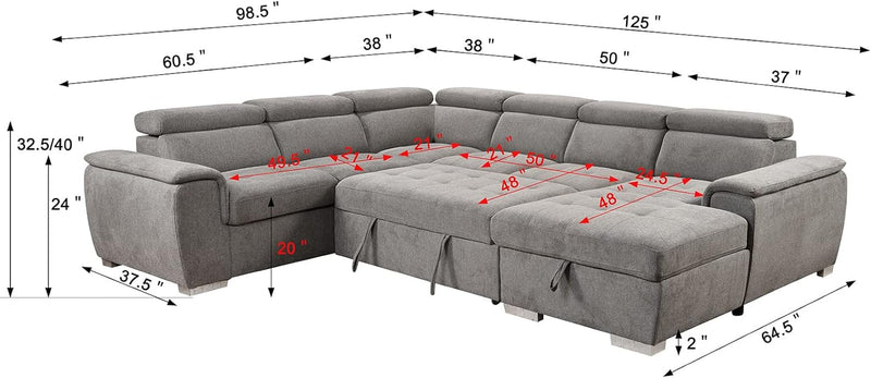 125'' U Shaped Sectional Sleeper Sofa with Pull Out Bed, Storage Chaise Lounge, and Adjustable Headrest, Oversized Sectional Couches for Living Room - Belfast Light Grey