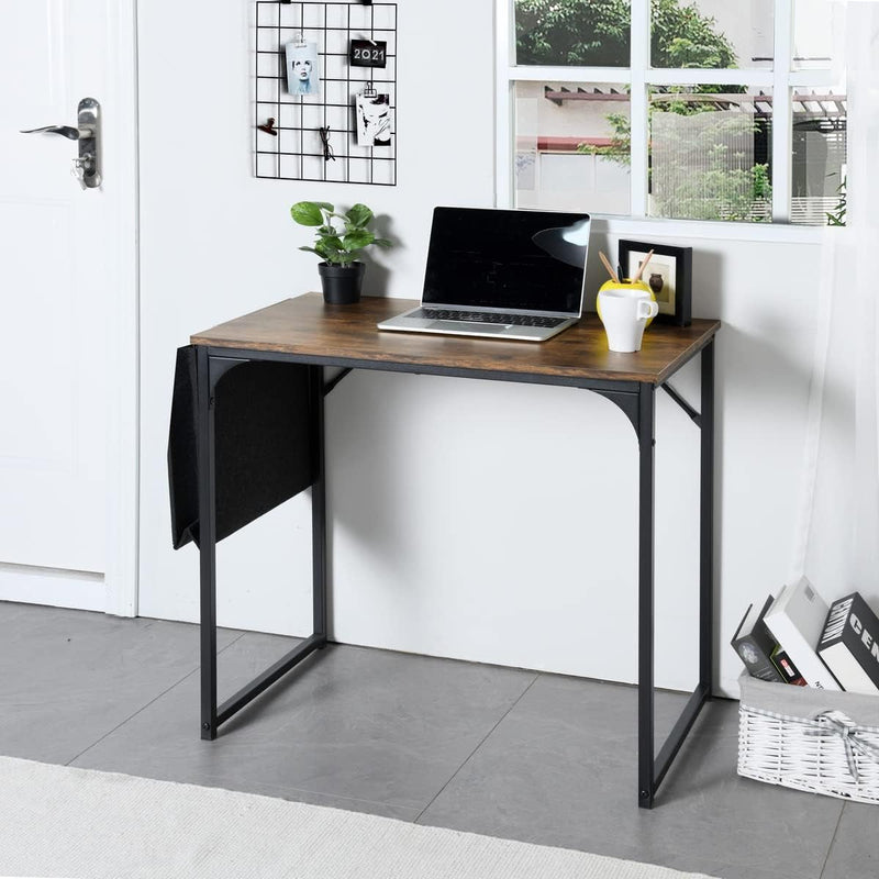 Furniturer Computer Desk 32 Inch Study Writing Table with a Storage Bag Space Saving for Home Office, Modern Simple Style PC Desk, Black Metal Frame, Brown Table Top