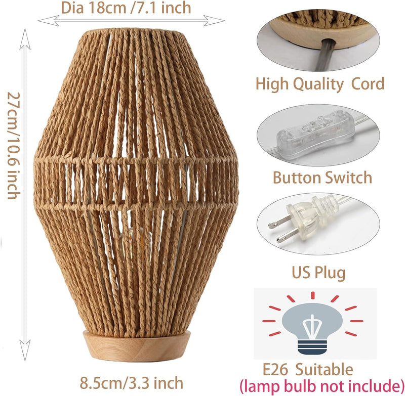 Boho Table Lamps for Bedroom,Small Natural Woven Bedside Lamp Paper String Nightstand Lamp Boho Couch Side Table Lamp Basket Lantern Good for Living Room Kids Room Nursery Room Cafe Bar Decor.