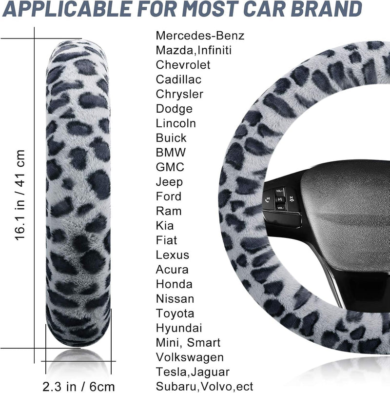 Fuzzy Steering Wheel Cover for Women Girls, Accmor Universal Fit Fur Car Wheel Cover & Handbrake Cover & Gear Shift Cover Set, Leopard Winter Warm Fluffy Vehicle Wheel Protector for Auto, SUV