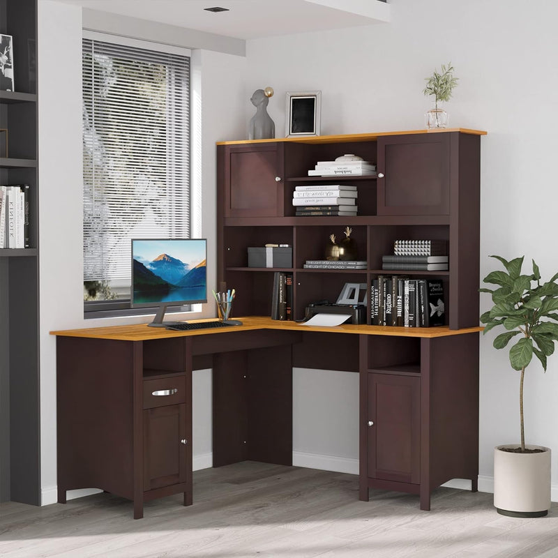 HOMCOM L Shaped Computer Desk with Hutch, 59" Corner Desk, Space Saving Home Office Desk with Storage Shelves, Drawer and Cabinet, Coffee Brown