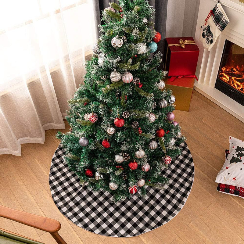 Buffalo Check Christmas Tree Skirt 48 Inches White and Black Plaid Tree Skirt Xmas Tree Base Cover Mat for Xmas New Year Home Party Decoratio (White and Black,122Cm)