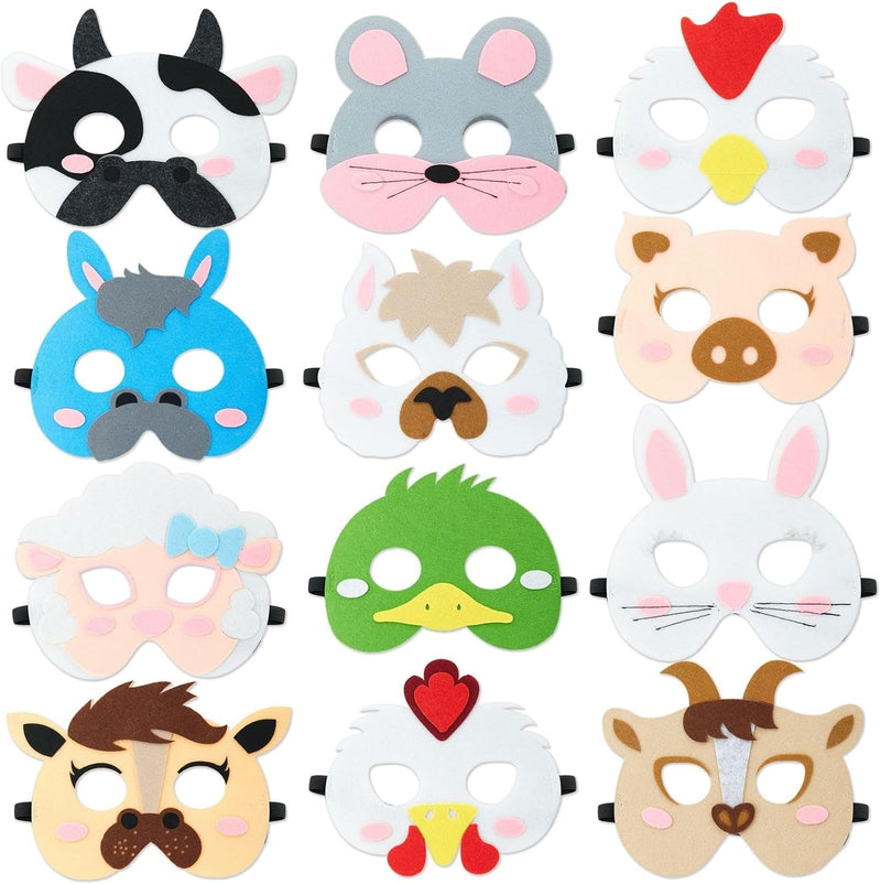 BLUE PANDA 12 Pack Felt Animal Masks for Kids, Jungle Safari Party Favors for Birthday (7X7.2 In)