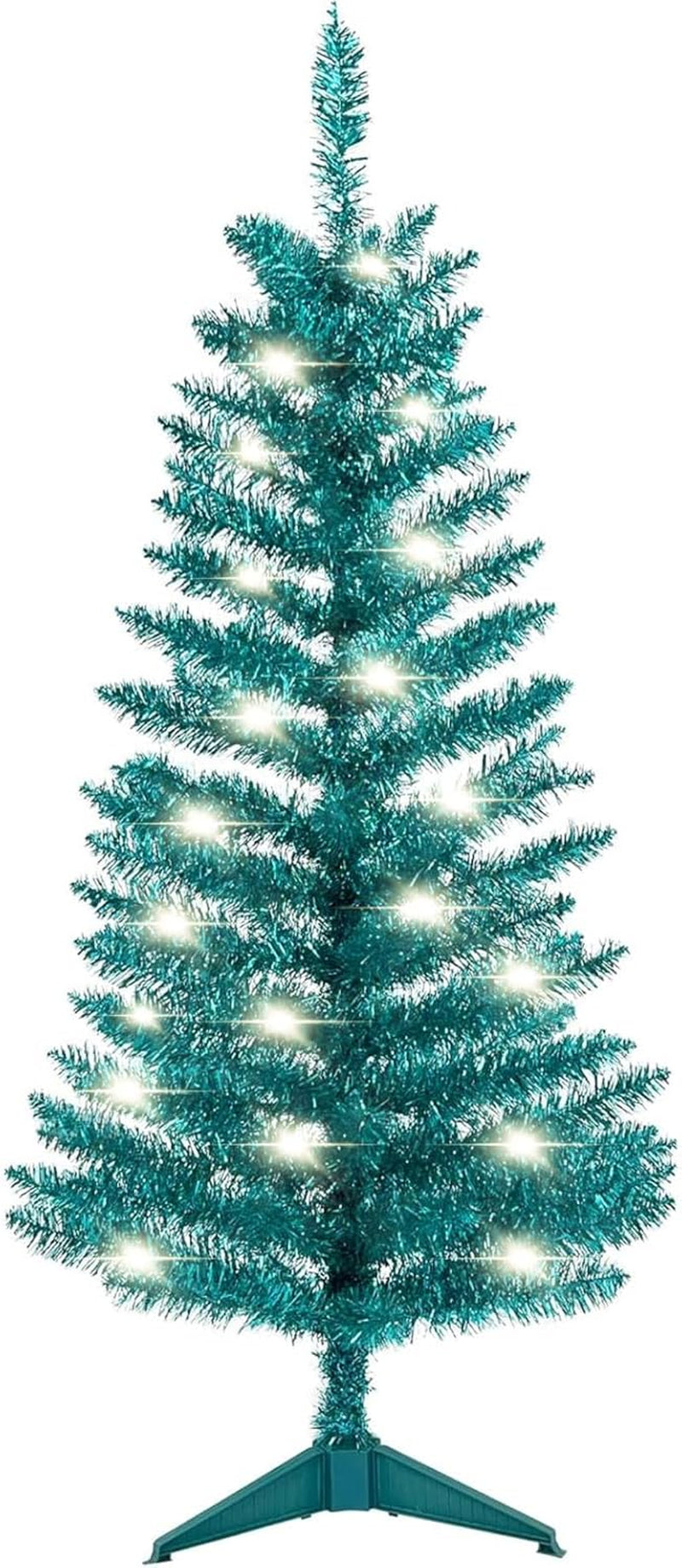 3FT Pre-Lit Artificial Mini Christmas Tree, Premium Small Fake Christmas Tree with String Lights for Home Office Holiday Party Decoration with Foldable Stand, Easy Assembly, White Tinsel