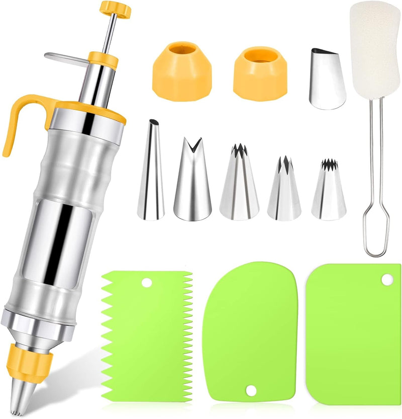 Dessert Decorating Syringe Set Frosting Piping Kit Stainless Steels Cake Decorating Tool 6 Russian Piping Icing Nozzles Cream Scraper Cupcake Frosting Filling Injector Cake Icing Tools