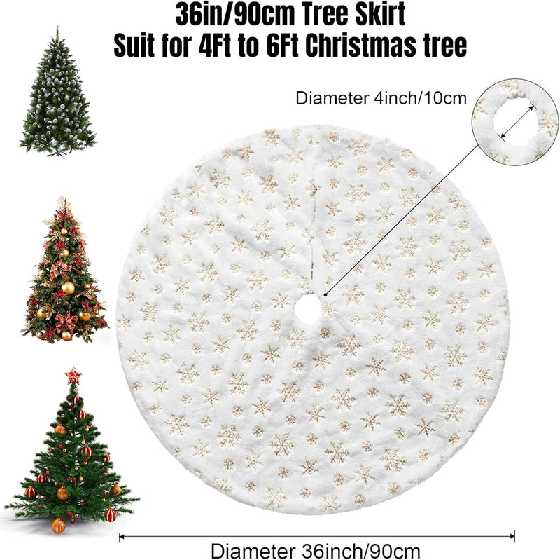 Dremisland Christmas Tree Skirt 36" Large White&Gold Luxury Faux Fur Tree Skirt with Snowflakes Super Soft Thick Plush Tree Skirt for Xmas Tree Decoration (Golden, 36Inch/90Cm)