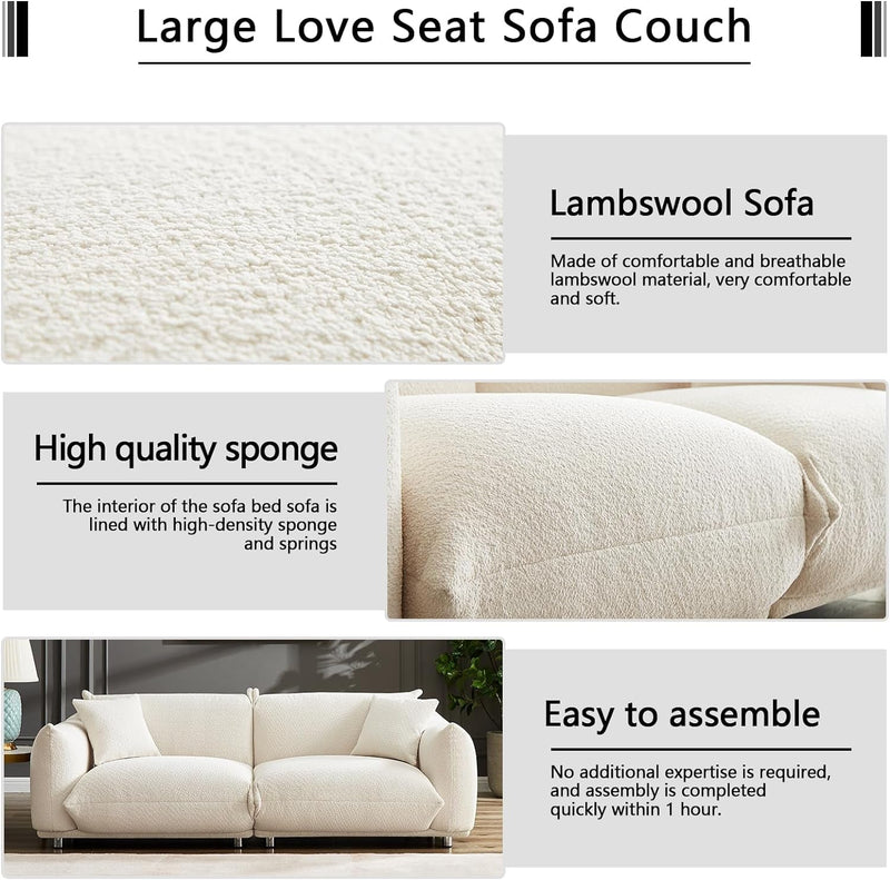 3 Seater Oversized Cloud Couch Loveseat Sofa with 2 Pillows, Comfy Sherpa Lambswool Fabric Minimalist Modular Sectional Sofa Couches with Metal Legs for Small Spaces Living Room Apartment, White