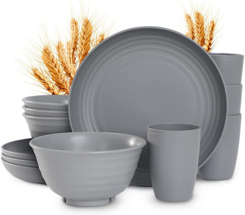 12Pcs Plastic Wheat Straw Dinnerware Sets Service for 4, Cups, Plates and Bowls Sets Microwave Dishwasher Safe Lightweight