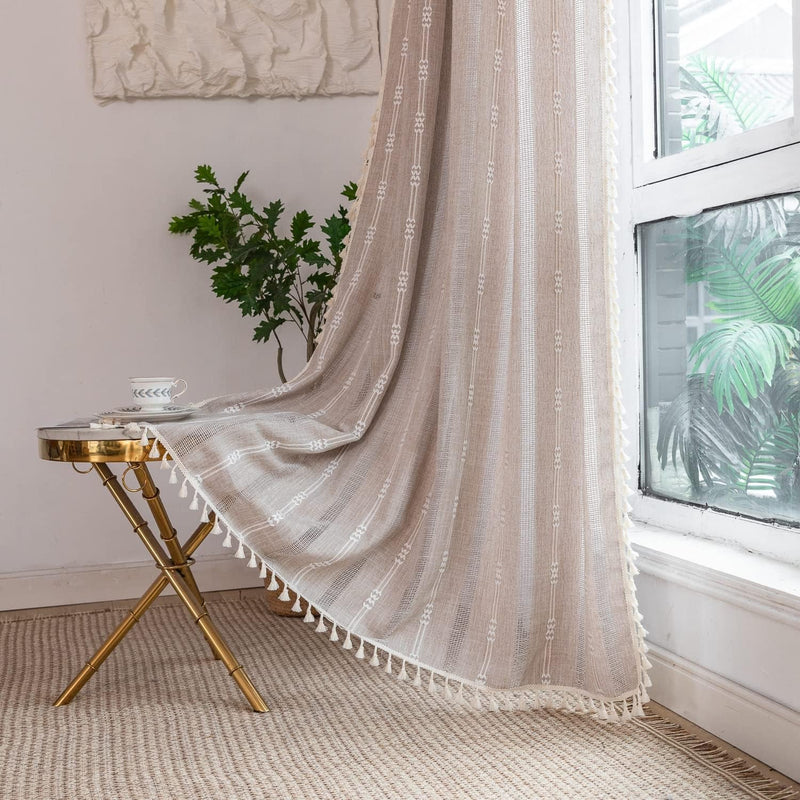 Boho Curtains for Bedroom Embroidery Striped Farmhouse Curtains 63 Inch Length 2 Pannels for Living Room off White Linen Curtains Semi Sheer Curtains Rod Pocket Drapes(52" W X 63" L,White)