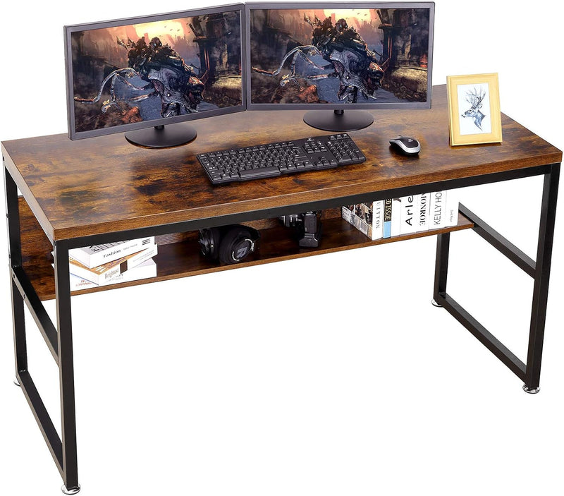 AIKA 55" Computer Desk with Bookshelf/Metal Desk Study Table for Home Office (Industrial/Rustic Brown)