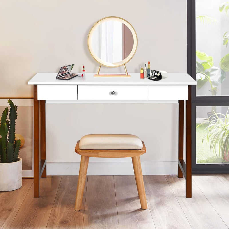 COSTWAY 42" Computer Desk with Storage Drawer, Modern Home Office Writing Study Table with Solid Rubber Wood Legs & Non-Slip Foot Pads, Multifunctional Makeup Vanity Dressing Table (Coffee and White)