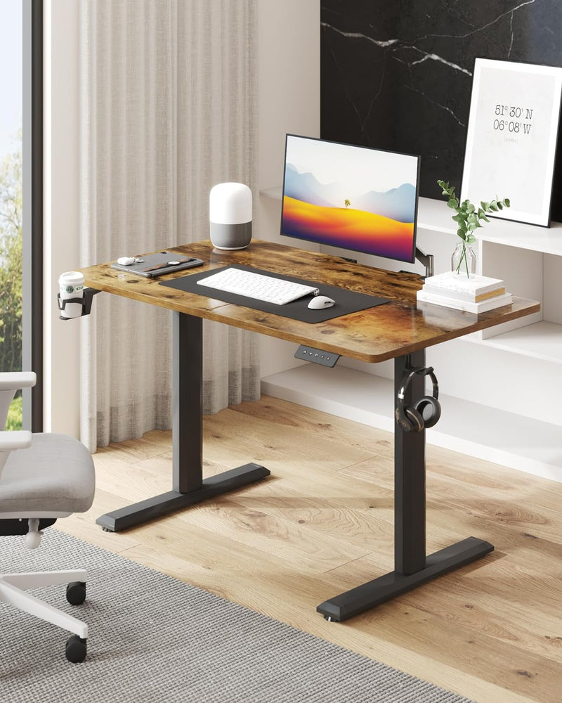 Electric Standing Desk, 43 Inch Height Adjustable Home Office Table with Headphone Hook and Cup Holder, Black Legs/Rustic Brown Top