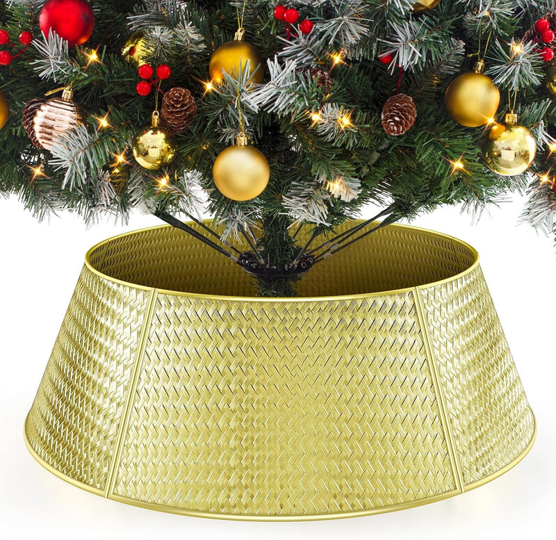 Christmas Tree Collar, 28” Metal Tree Skirt with Woven Pattern, Plating Gold Tree Collar for Real & Artificial Christmas Trees 5-Panel, Xmas Tree Base Cover for Holiday Decor (Shiny Gold)