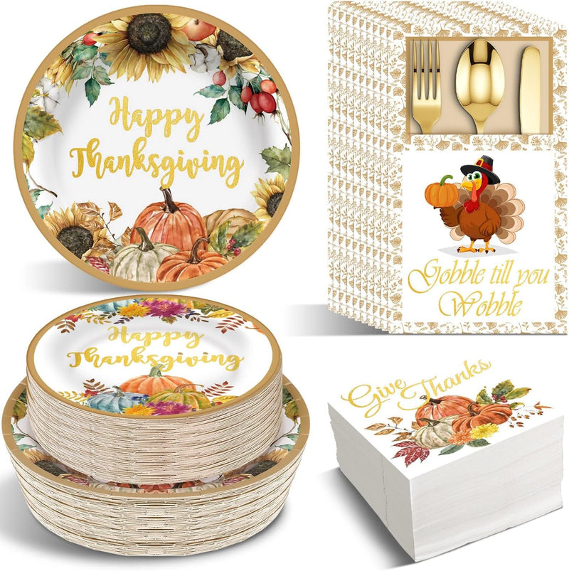 264 Pcs Thanksgiving Plates Napkins Disposable Cutlery Holder Set Thanksgiving Centerpieces for Table Decoration Dinner Autumn Leaves Fall Harvest Wedding Decoration