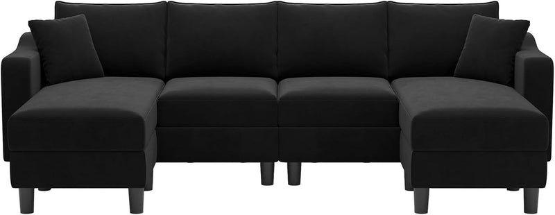 Belffin U Shaped Sectional Sofa Velvet Convertible Sofa with Reversible Chaises Sectional Couches with Ottomans for Living Room (Black)…