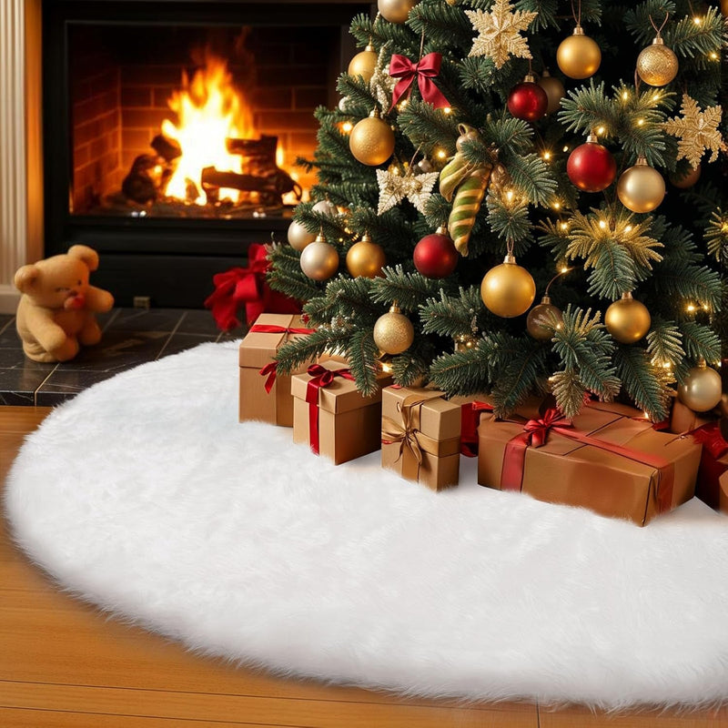 Aerwo Faux Fur Christmas Tree Skirt 48 Inches, Snowy White Tree Skirts for Christmas Holiday Winter Decorations