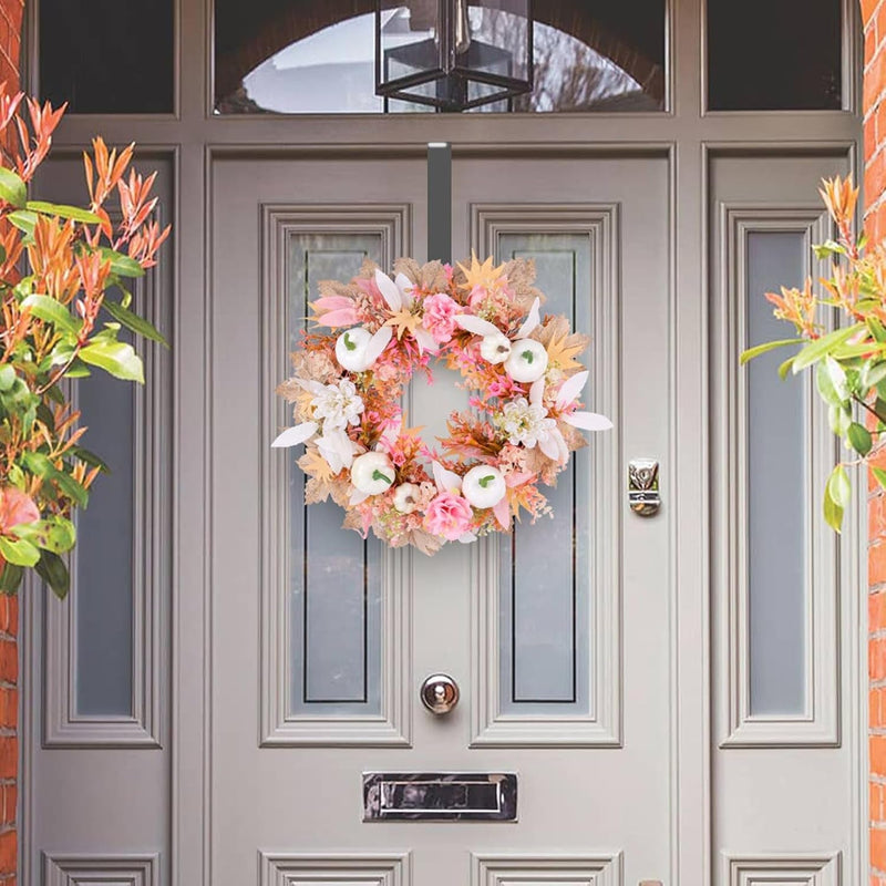 Fall Wreath 16 Inches Autumn Wreath with White Pumpkins and Pink Flowers Leaves Farmhouse Fall Floral Wreath for Front Door Thanksgiving Harvest Home Decor