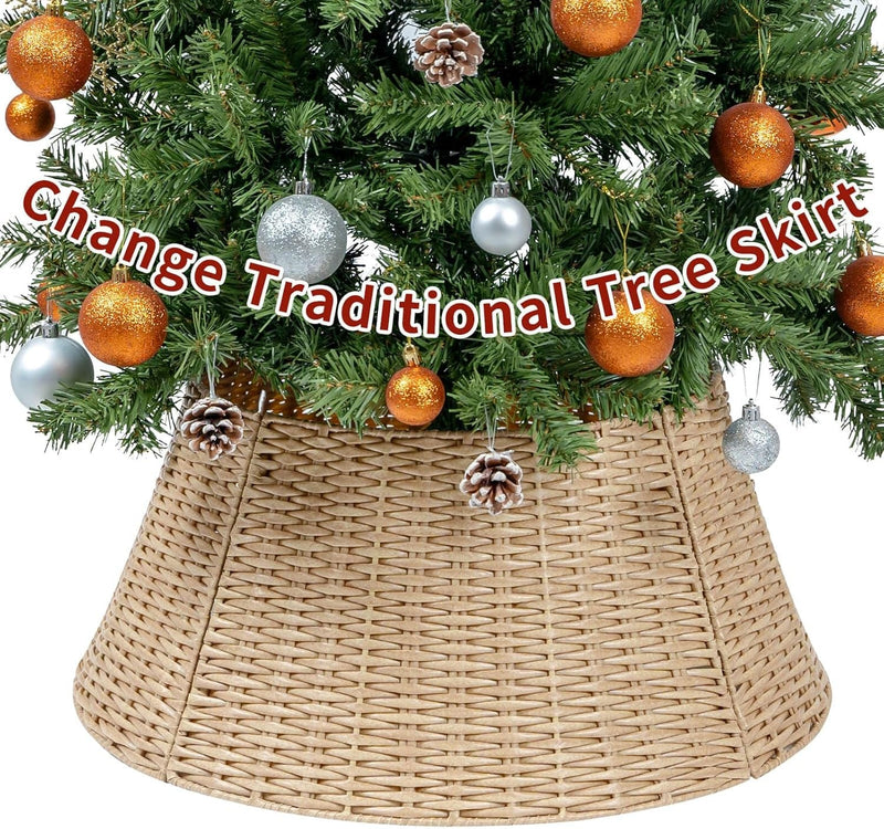 Cubesland Christmas Tree Collar,Christmas Tree Skirt 27In,Christmas Tree Decor,5-Piece Handcrafted Plastics Wicker Christmas Tree Base Cover,Rustic Christmas Tree Ring, Fit 9-25In Stands-Natural