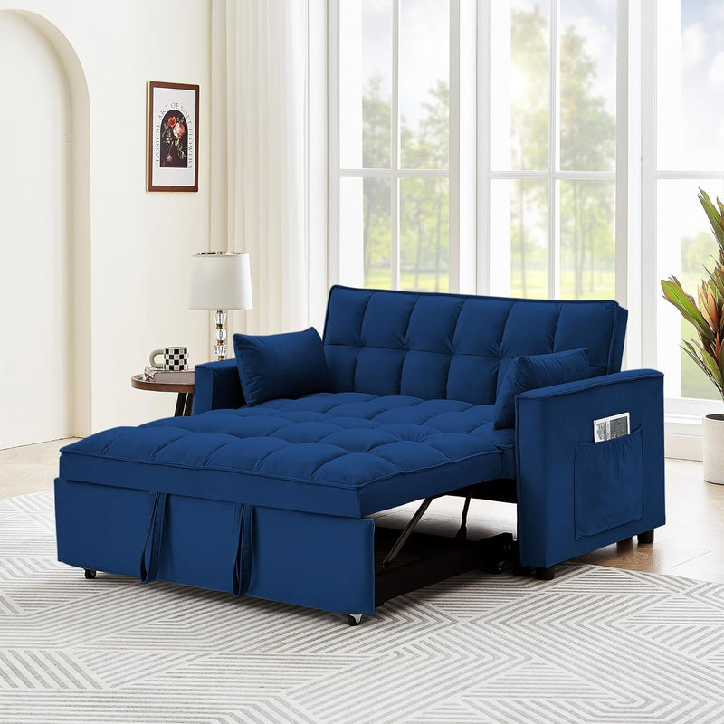 55.2" Loveseat Pull Out Couch, 3 in 1 Convertible Sleeper Sofa Bed for Living Room, Velvet Small Love Seat Futon Sofa Bed with Reclining Backrest, Toss Pillows, Side Pockets for Small Spaces