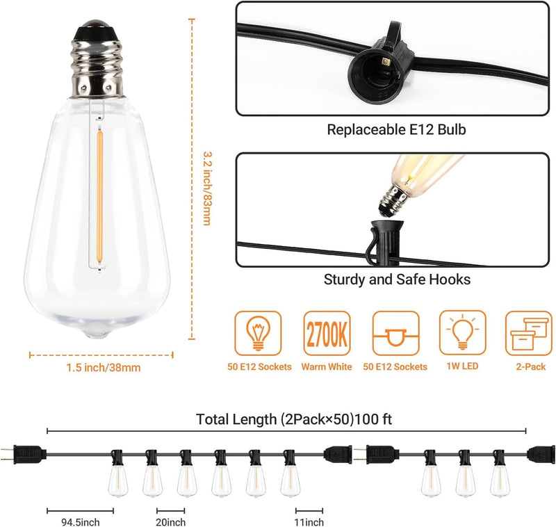 100FT LED Outdoor String Lights, Waterproof outside Patio Lights with 52 Dimmable ST38 Edison Bulbs, Connectable Hanging Lights for Yard Porch