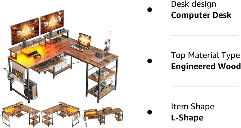 Bestier 95" L Shaped Gaming Desk with Led Light, Computer Corner Desk or 2 Person Long Table with Shelves Monitor Stand and Keyboard Tray for Home Office, Rustic Brown
