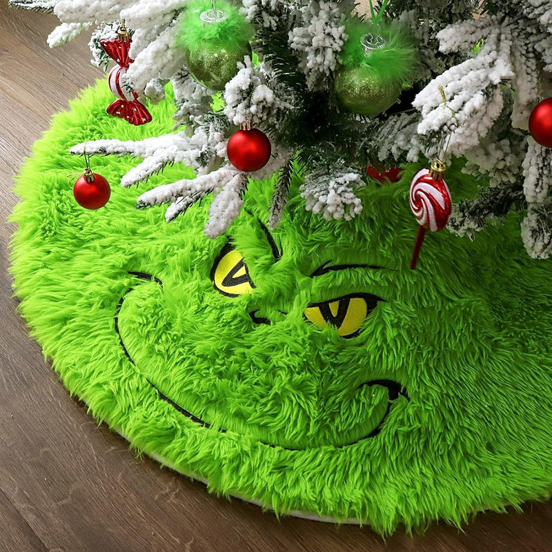 Christmas Tree Skirt: 36 Inch Faux Fur Christmas Spirit Tree Skirt with Funny Green Face, Lush Green Fuzzy Textured Tree Dress, Soft Christmas Décor for Artificial Trees Home Gifts Party