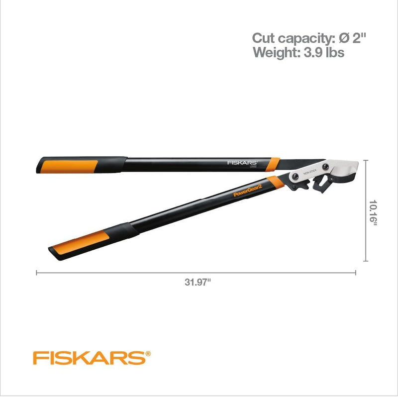 Fiskars 32" Loppers for Tree Trimming, Heavy Duty, Non-Stick Sharp Bypass Steel Blade, Branch Cutter up to 2-Inch Diameter Cut Capacity, Powergear2 Design with Compound Action for 3X Power