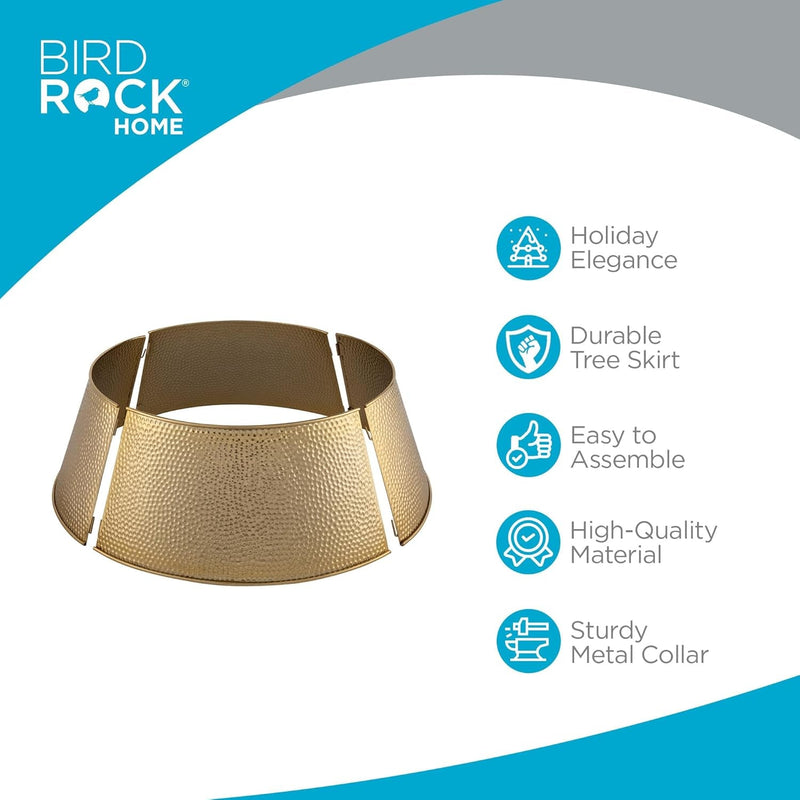 BIRDROCK HOME 4-Panel Hammered Metal Christmas Tree Collar - Stylish Holiday Tree Skirt Alternative - Durable Iron Construction Base Cover - Protects Tree Base from Pets - Easy Assembly - Gold