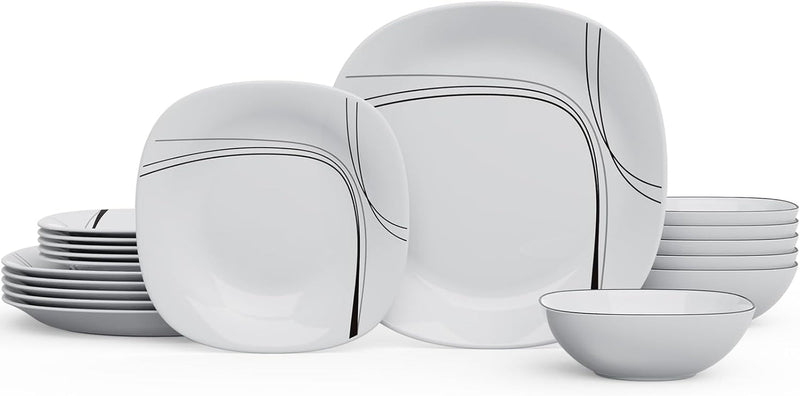 Dinnerware Set, MEKY 18-Piece Opal Dishes Sets Service for 6,Square Plates and Bowls Set-White