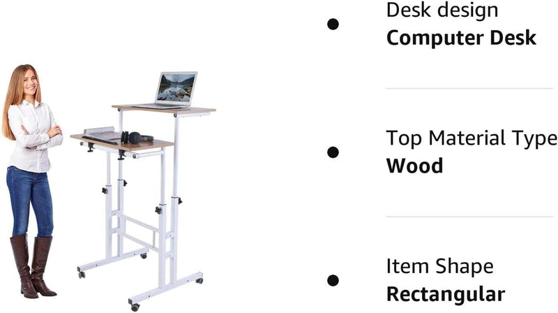 AIZ Mobile Standing Desk, Adjustable Computer Desk Rolling Laptop Cart on Wheels Home Office Computer Workstation, Portable Laptop Stand for Small Spaces Tall Table for Standing or Sitting, Oak